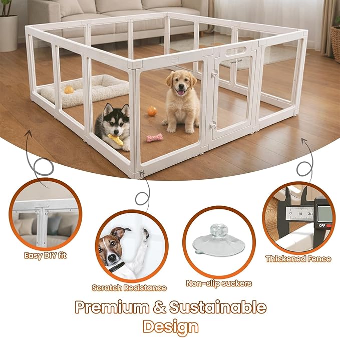 Transparent Indoor Dog Playpen with Safety Lock, Indoor Dog Fence for Small & Medium Pets | Secure, Stylish, Easy Clean Play Pen for Dogs & Pets with Scratch Resistant Panels (White, 16 Panels)