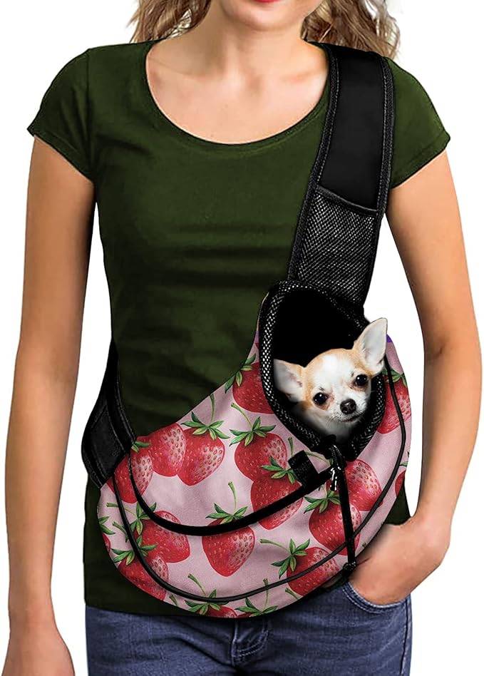 FUSURIRE Strawberry Printed Pet Carrier Soft Front-Facing Dog Carrier with Adjustable Strap Design Pink Pet Puppy Cat Front Pack Carrier for Walking Hiking Bike and Motorcycle