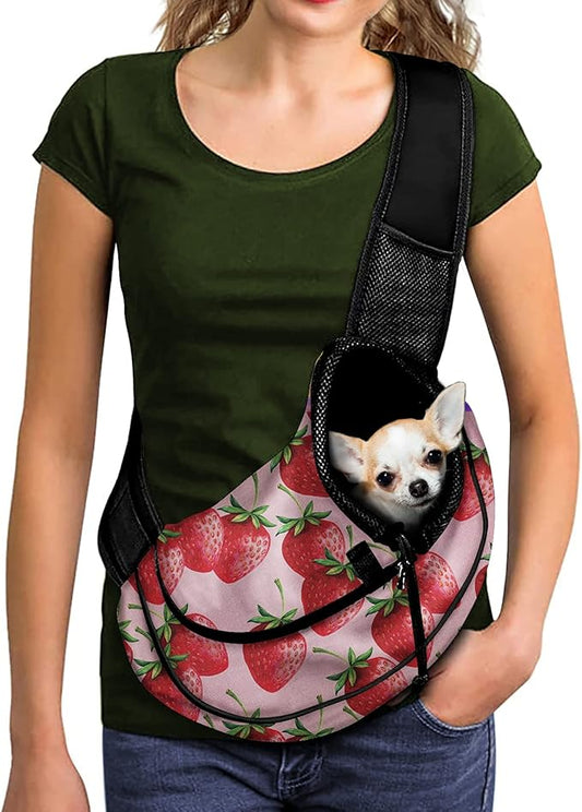 FUSURIRE Strawberry Printed Pet Carrier Soft Front-Facing Dog Carrier with Adjustable Strap Design Pink Pet Puppy Cat Front Pack Carrier for Walking Hiking Bike and Motorcycle