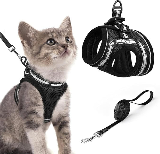 rabbitgoo Cat Harness and Leash Set for Walking Escape Proof, Adjustable Soft Kittens Vest with Reflective Strip for Cats, Comfortable Outdoor Vest, Black, S