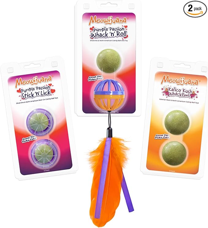 Meowijuana Compressed Catnip Ball Trio - Kalico Kush, Purrple Passion, and Whack ‘n’ Roll | Interactive Cat Toy Refill | Potent Hand Harvested Catnip Grown in North America