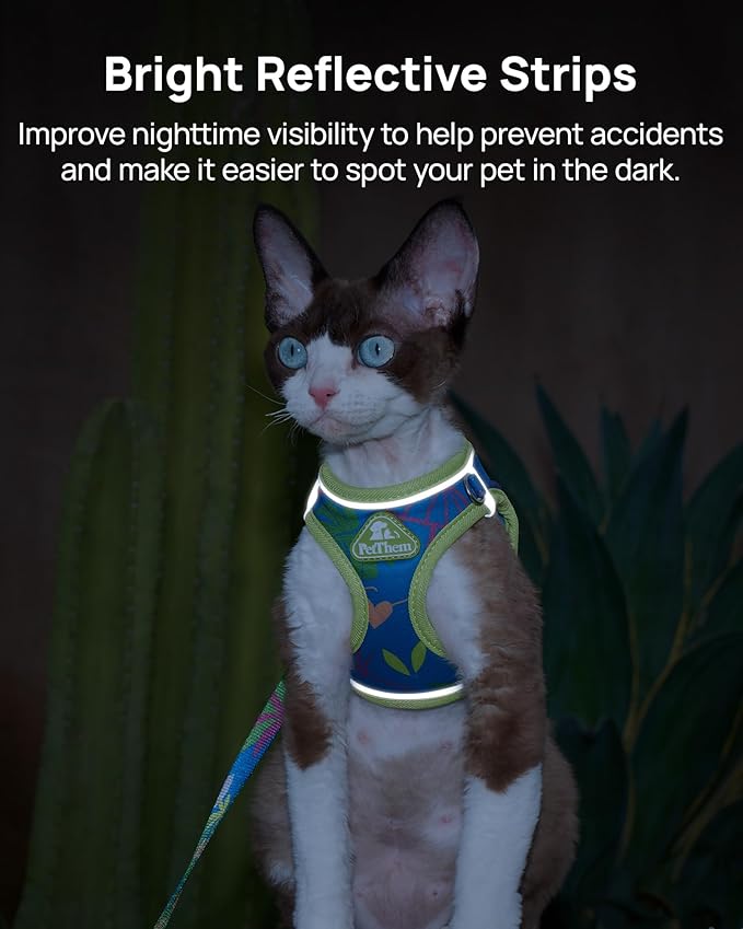 PetThem Upgraded Cat Harness and Leash Set - Step-in Escape Proof Adjustable Cat Harness, Comfortable Soft Lightweight, Reflective Harness for Walking, Travel, Camping (Hawaii Green, XXS)