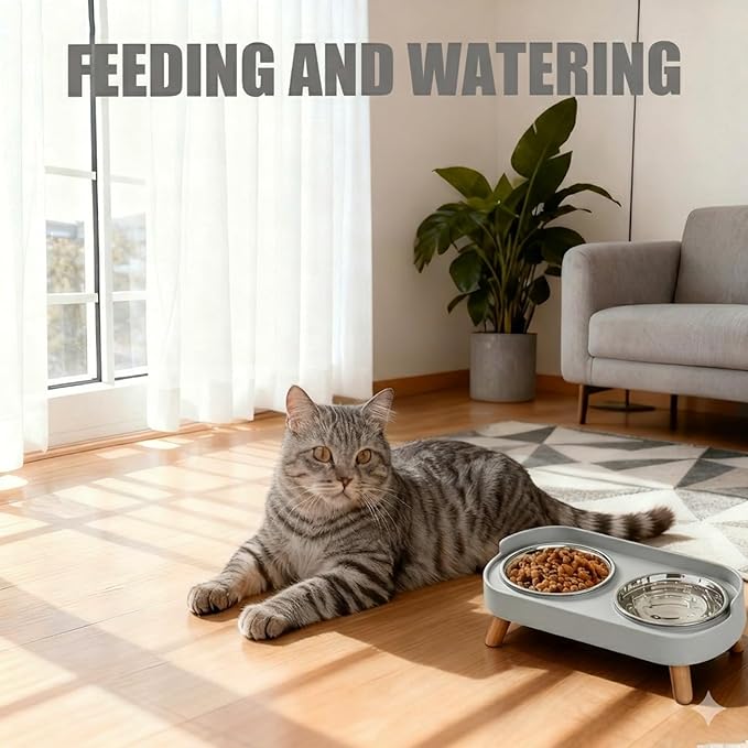 Elevated Cat Bowls, 2 Stainless Steel Raised Cat Food and Water Bowl Set, Splash Proof & Non-Slip, Whisker Fatigue Friendly, Dishwasher Safe for Cats and Small Dogs - Gray