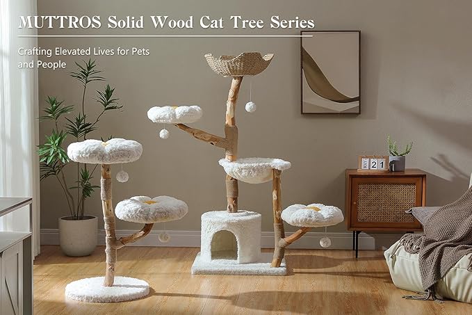 MUTTROS Wood Flower Cat Tree, Modern Cat Tower with Real Wood Branches, Luxury Boho Furniture with Scratching Post and 2 Perches, Cat Climbing Tower for Indoor Cats, Cloud White