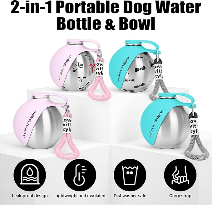 Portable Dog Water Bottle 10oz Stainless Steel Travel Dog Water Dispenser with Bowl No-Spill Puppy Water Bottle for Walking Hiking Small Dog Water Bottle (Pink Bow Print)