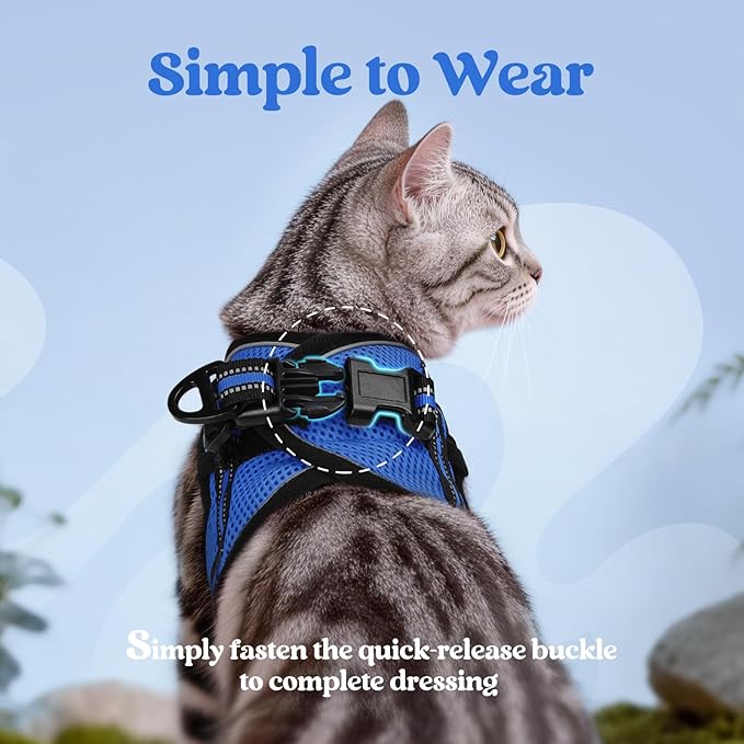 rabbitgoo Cat Harness and Leash Set for Walking Escape Proof, Adjustable Soft Kittens Vest with Reflective Strip for Cats, Comfortable Outdoor Vest, Blue, S