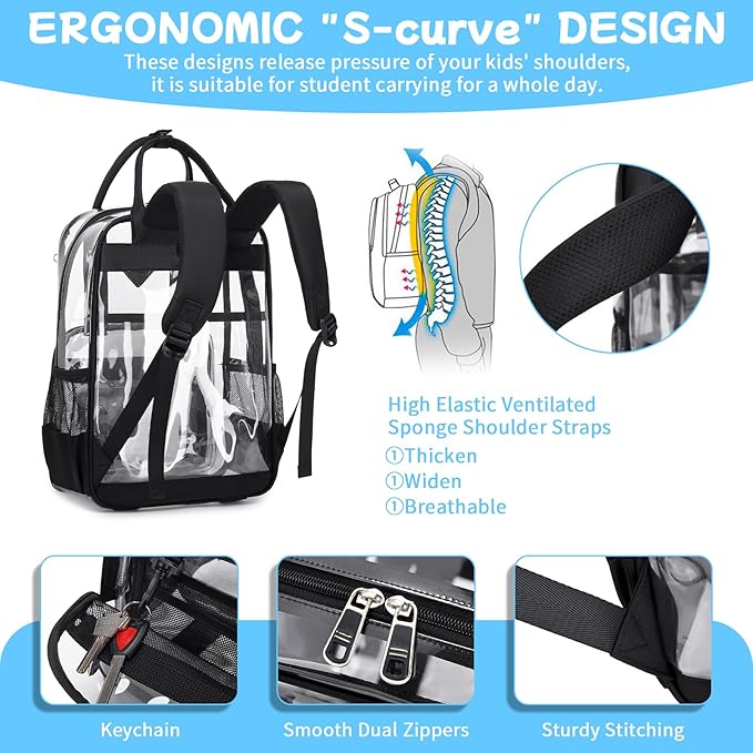 MOONBABY Small Clear Backpack for School Transparent Bookbag for Kids Heavy Duty PVC See Through Backpack Stadium Approved