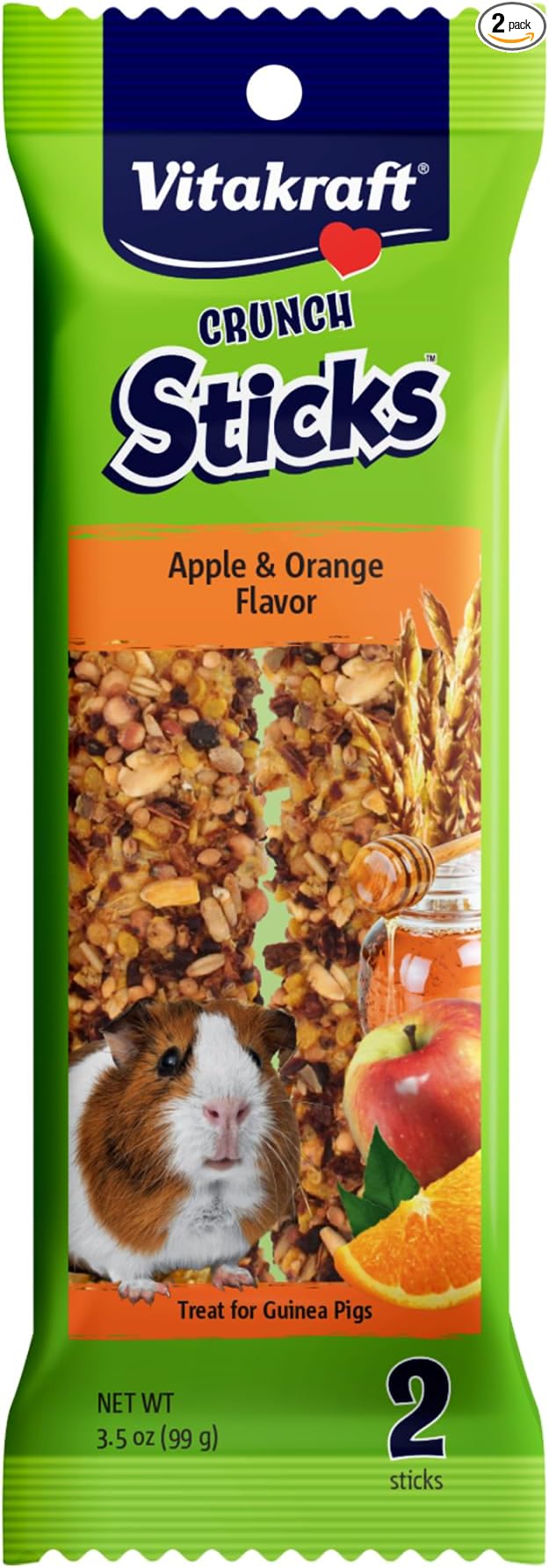 Vitakraft Crunch Sticks Guinea Pig Treat - Apple and Orange Flavor – Triple Baked for Extra Crunch – Natural Wood Chew Center with Cage Clip Holder – Added Vitamins and Minerals – 2 Sticks - 3.5 Oz