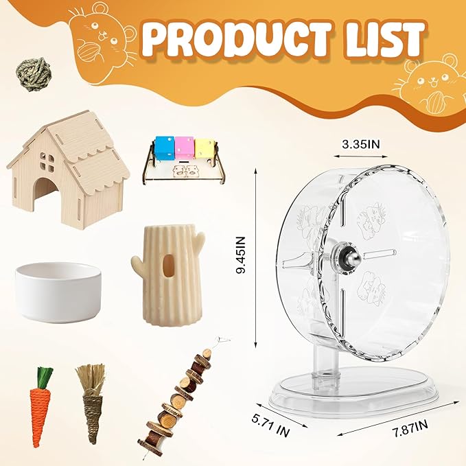 12-in-1 Hamster Cage Accessories Kit for Dwarf & Syrian Hamsters, Silent Exercise Wheel 9.5", Wooden Hideout, Water Bottle, Ceramic Food Bowl, Chew Toys & Small Animal Habitat Starter Set