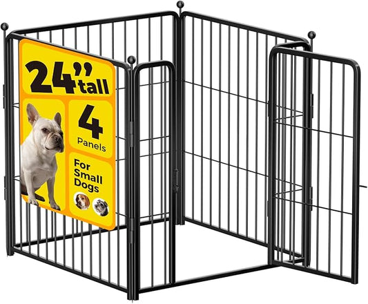Dog Playpen 24 inch 4 Panels for Indoor & Outdoor Use – Heavy-Duty Metal Pet Fence with Ground Stakes, Rounded Ball Tops for Safety, Stable & Foldable Design, Easy to Assemble