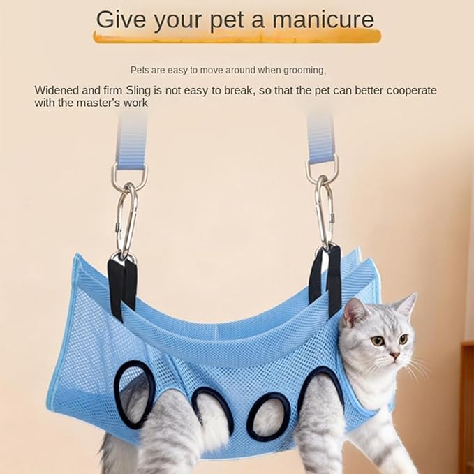 Cat Grooming Hanger – Multi Hole Pet Hammock, Adjustable Hanging Strap, Scratch Resistant Safety Mesh | Comfortable Restraint System, Practical Tool for Nail Trim Ear Care Bathing