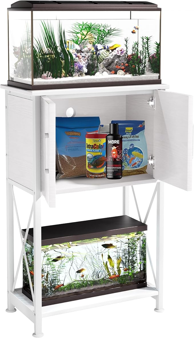 Herture 5-10 Gallon Fish Tank Stand, Metal Double Aquarium Stand with Cabinet for Fish Tank Accessories Storage, Heavy Duty 20.5" L* 11.02" W Tabletop, 500LBS Capacity White PG06YGW