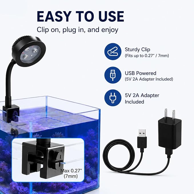 Nano Reef Light for Coral, LED Aquarium Light 5.2W USB Clip Lamp, Full Spectrum 455-620nm, Dimmable with Timer 3/9/12H, 360° Gooseneck Fish Tank Light for Saltwater Coral Tank with USB Power Adapter