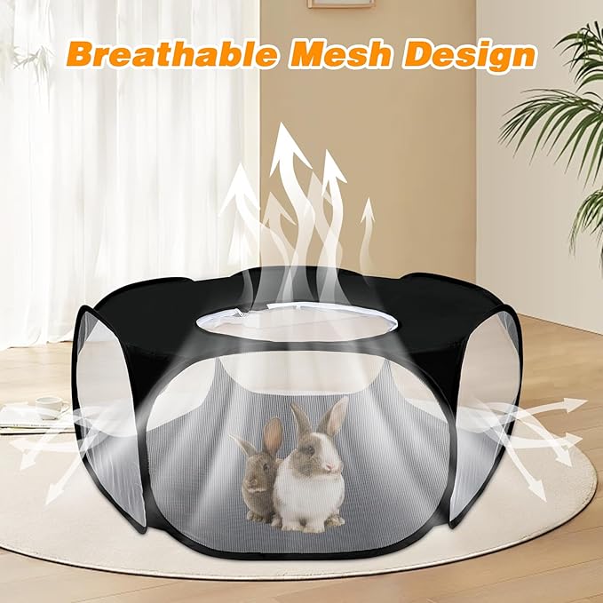 Rypet Collapsible Small Animal Cage Tent, Breathable Fabric Guinea Pig Playpen with Cover, Transparent Hamster Playpen Portable Pet Yard Exercise Fence for Reptile Rabbit Chinchilla Hedgehog(Black)