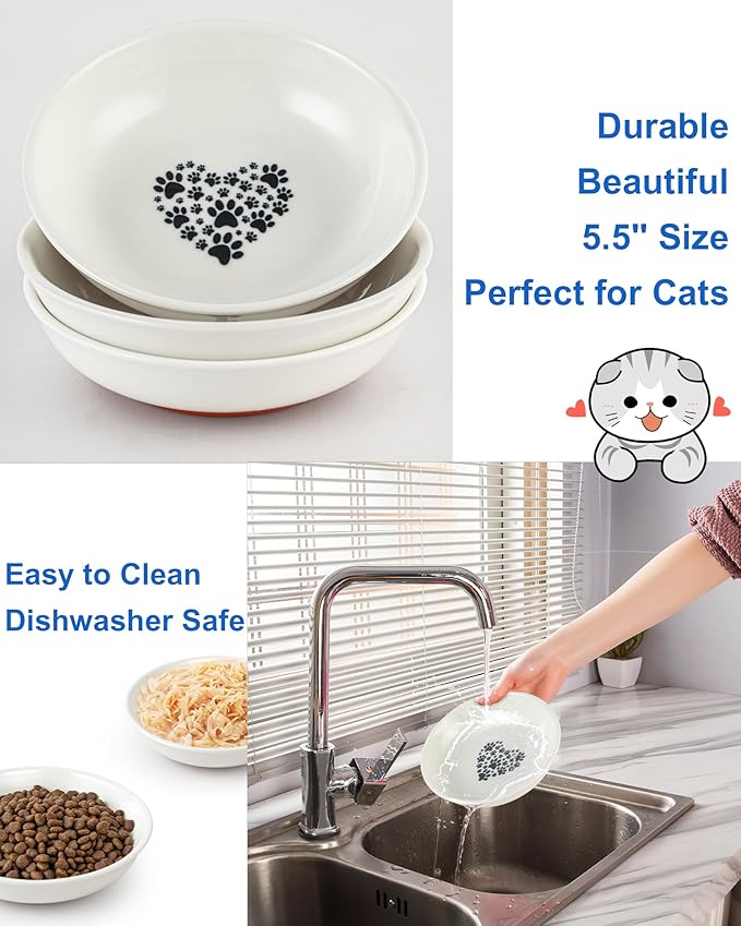 Ceramic Cat Bowl Whisker Friendly – 3 Pack Shallow Wide Cat Food Bowls, 5.5″ Non‑Slip Cats Dishes Silicone Base, Dishwasher & Microwave Safe, Indoor Cats Food & Water Bowl – Cute Heart Paw Design