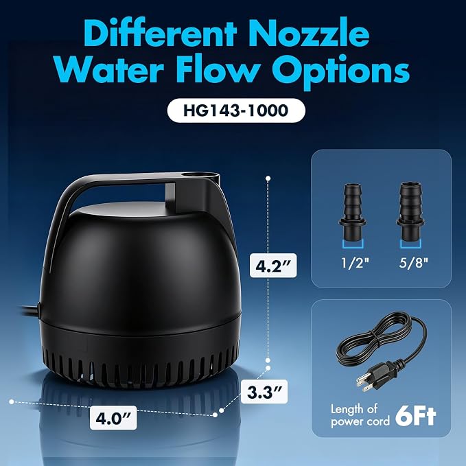 hygger 264GPH Aquarium Submersible Pump, Fish Tank Water Pump Adjustable Flow with 2 Nozzles, 5.5 ft High Lift Quiet Fountain Pump for Aquarium, Pond, Hydroponics, Water Garden