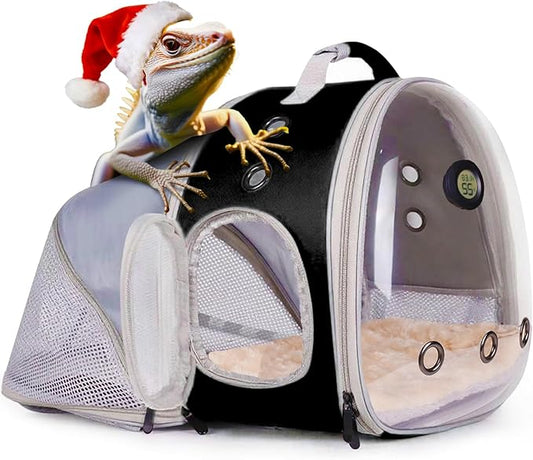 Back Extention Bearded Dragon Travel Backpack Carrier with Reptile Thermometer and Humidity Gauge Lizard Travel Cage Space Capsule Clear Bubble Window Astronaut Reptile Carrier Bag for Ball Python