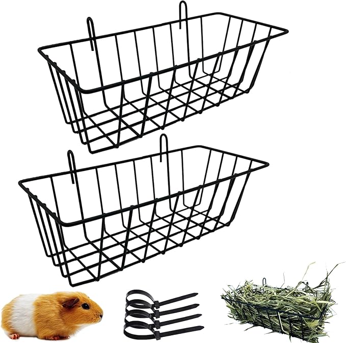 Rabbit Hay Feeder Rack Guinea Pig Hay Dispenser for Cage Hanging Metal Feeder Small Animals Hay Holder Manger for Rabbits Guinea Pigs Chinchillas Ferrets (Black - 2 in a Group)