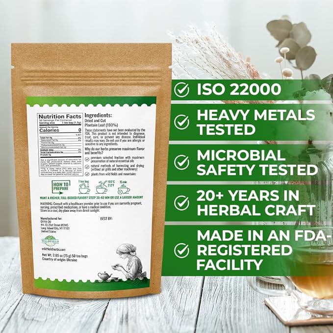 50 Bags Broadleaf Plantain Leaf Herb Tea (Plantago Majoris Folia) Plantain Leaves Tea - 50 Count 1.5 g Bags Llanten