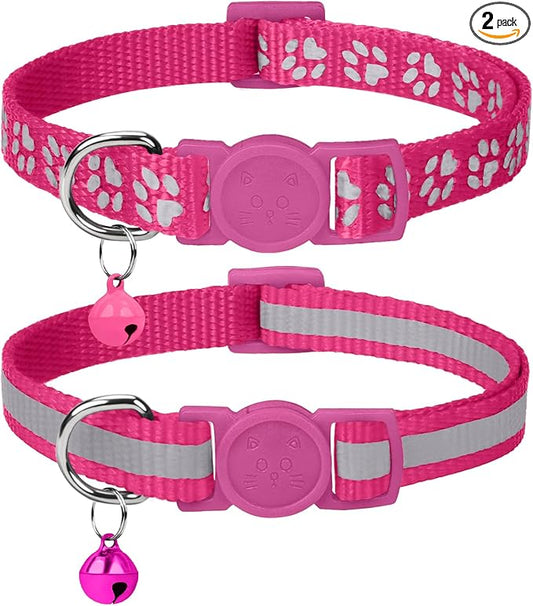 Taglory Kitten Collar Breakaway with Bell, Reflective Soft Cat Collar for Small Kittens, Adjustable 6-8 Inch High Visibility Night Strip, Lightweight for 2-6 Months Baby Cats, 2 Pack, HotPink
