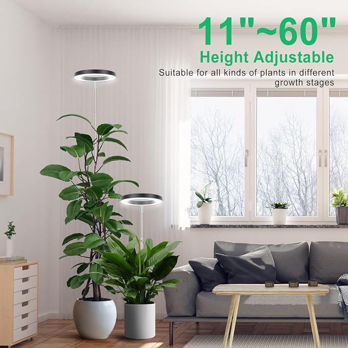 LORDEM Grow Light for Indoor Plants, Full Spectrum 6.3in Plant Light | 72 LEDs Grow Lamp , Auto Timer 4/8/12H, 4 Dimmable Levels, Height Adjustable 65 inch, Ideal for Tall Plants, Black 2 Pack
