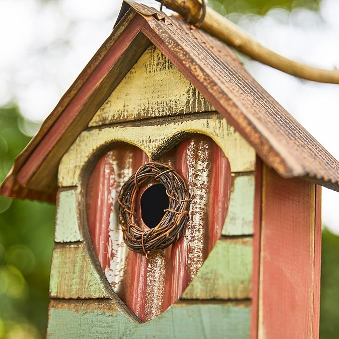 Glitzhome Bird House for Outdoor, 8.75" H Decorative Pet Cottage Distressed Heart Garden Wooden Birdhouse for Outside, Hanging Birdhouse for Bluebird Hummingbird Wren Finch Cardinals Cedar