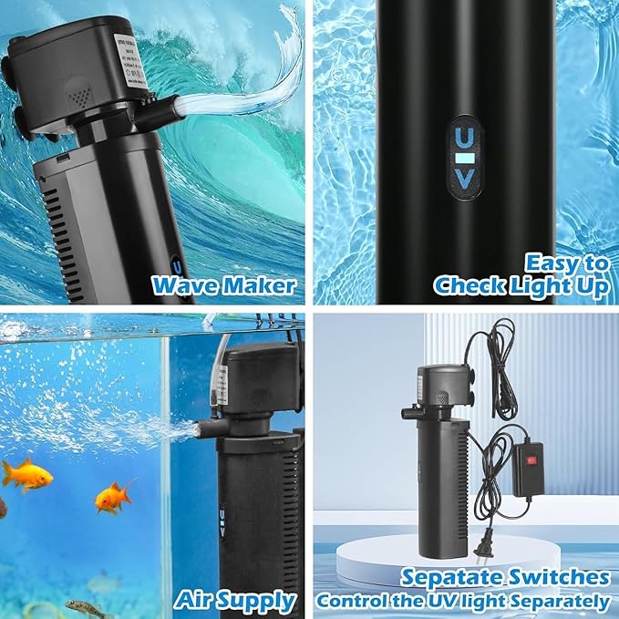 Aquarium Large 100-300 Gallon Fish Tank Filter U-V Dual Spout 600GPH Silent Canister Internal Filter Cold Plunge Tub Koi Pond Filter, Green Clean Machine Deodorization for Saltwater Freshwater