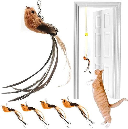 miwoowim 4 Bird Cat Wand Toy Refill for Indoor Cats, Interactive Birds Simulation Set,Door Hanging Feather Cat Toys String Wand Replacement Attachments