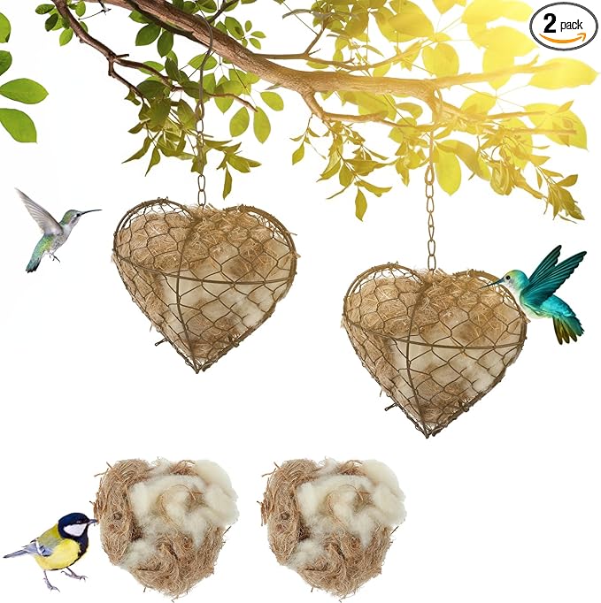 Menkxi 2 Pcs Bird Nesting Material, Hummingbird Nest Gift Enjoy Birds Gardening Outside Cute Decor Refillable Nesting Gift for Bird Lovers, Spring Garden Decoration Gifts (Heart Shaped)