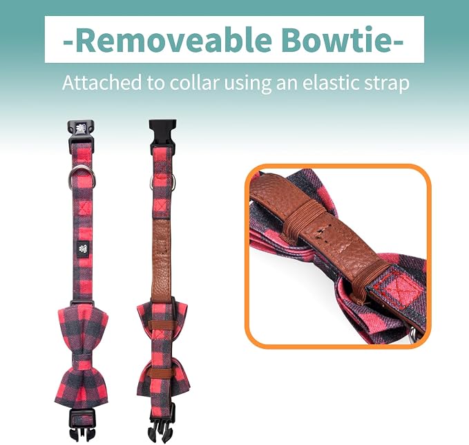 IVY&LANE Dog Collar with Bowtie and Leash Set | Plaid Adjustable Dog Collar | Detachable Bow Tie |5 FT Dog Leash | for Small Medium Large Dogs | Checkered Red | Large