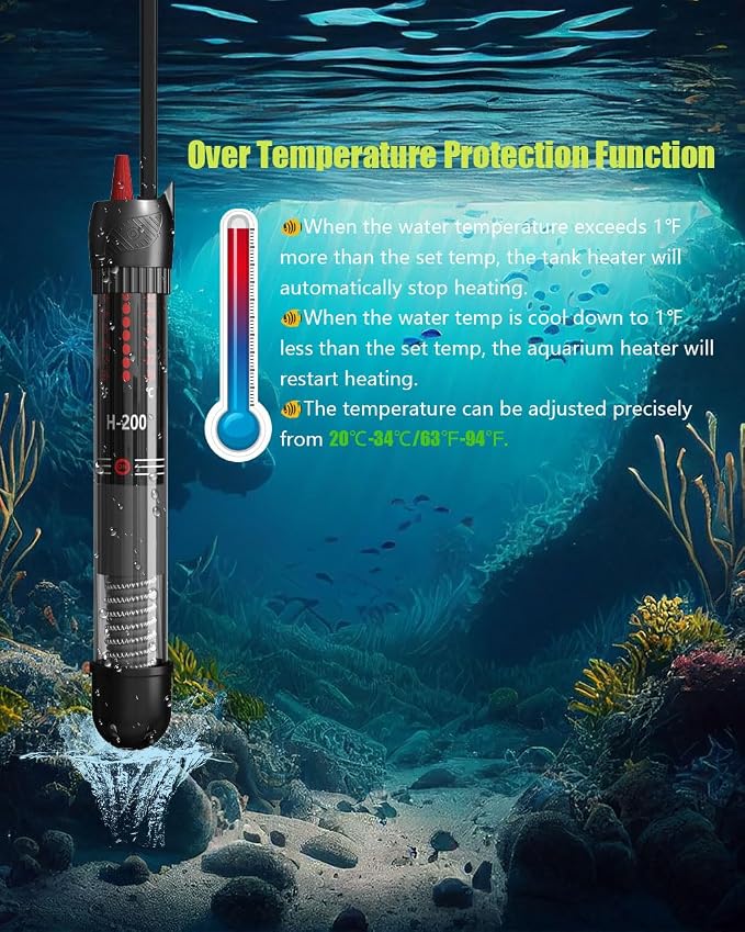 KINGYEENUO 50W Aquarium Heater, Submersible Temperature Adjustable Aquarium Heater, for 10-20 Gallons Tank, Betta Turtle/Fish Tank Heater, Built-in Thermostat Control, with Extra Sucker Cup