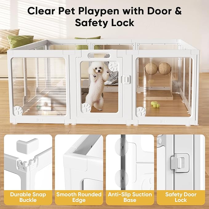 Clear Acrylic Dog Play Pen Indoors 24", 12 Panels Transparent Puppy Playpen with Door for Small Dogs Puppies, Modular Plastic Pet Playpen Cage Fence Crate for Cat Kitten Rabbit, White