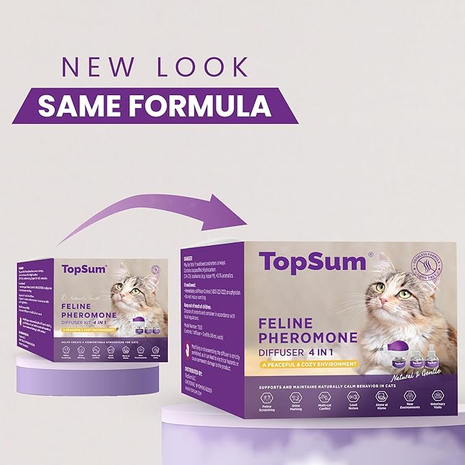 TopSum Cat Pheromones Calming Diffuser: 1 Diffuser & 3 Refills Top Value Kit Cat Calming Diffuser – Helps Reduce Scratching Peeing Meowing Hiding Urine Marking Aggression, New Version (Purple)