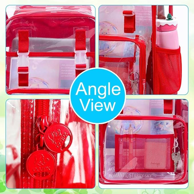 17" Flip Top Clear Backpack for Girls, 3Pcs Stadium Approved Set, Heavy Duty Transparent Bookbag for Gym/School (Red)