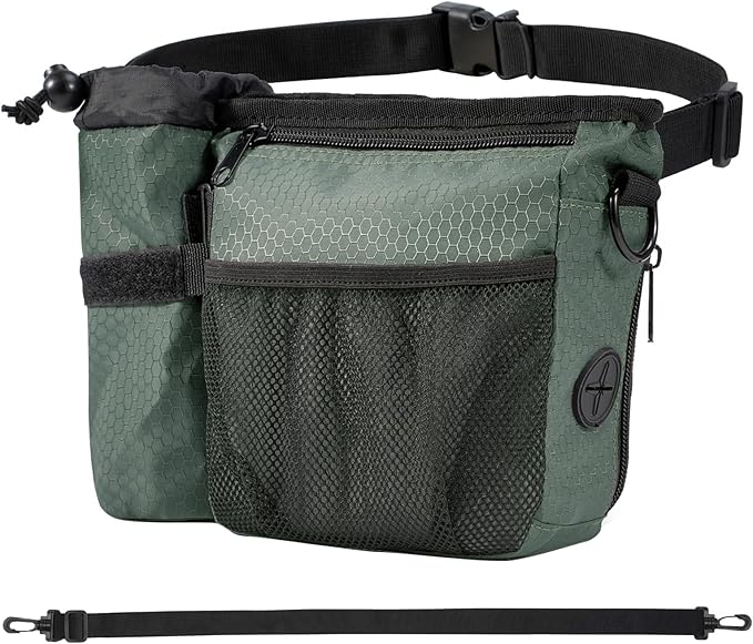 Dog Treat Training Pouch with Magnetic Zipper Closure - Built-in Poop Bag Dispenser, Side Pocket for Dog Water Bottle, 3 Ways to Wear,Carry Kibble & Pet Toys (GrayishGreen)