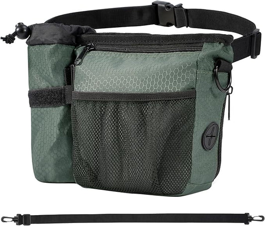 Dog Treat Training Pouch with Magnetic Zipper Closure - Built-in Poop Bag Dispenser, Side Pocket for Dog Water Bottle, 3 Ways to Wear,Carry Kibble & Pet Toys (GrayishGreen)