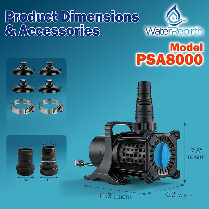 Pond Pump, 8500 GPH Adjustable Flow Submersible & Inline Water Pump, Copper Motor, IPX8 Waterproof for Outdoor Koi Pond, Fountain, Waterfall, Hydroponics
