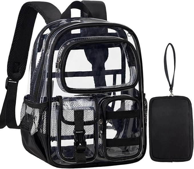 Mini Clear Backpack for Stadium Approved 12x6x12, Small Transparent Backpacks Plastic See Through Clear Bag for Kids Girls Women for Sporting Event, Concerts, Work, Festival (Black)