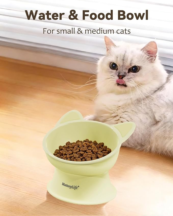 MateeyLife Raised Cat Bowls, Cat Food Bowl Elevated for Kittens & Small Dogs, 15°Tilted Protect Pets' Neck and Anti Vomiting, Whisker Friendly Food & Water Feeding Bowl, 6 oz Each - Yellow