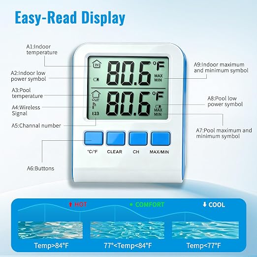 Pool Thermometer Floating Easy Read, Waterproof Wireless Digital Pool Thermometer with Large Screens, IPX8 Waterproof High Precision Temperature Gauge for Swimming Poo, Hot Tub, Spa, Pond, Fish Tank