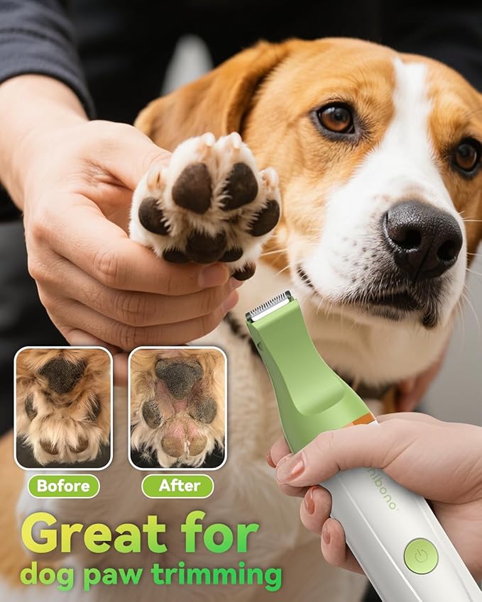 unibono Dog Grooming Kit with Paw Trimmer, All-in-One Low Noise Electric Rechargeable Small Quiet Pet Clippers Foot Dog Hair Shaver with Stainless Steel Scissors and Comb for Dogs at Home (Green)