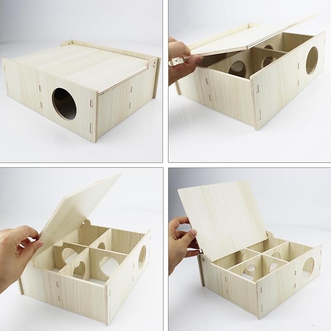 Amonk Multi-Chamber Hamster House 7x8.6x3in Wooden Secret Peep Shed and Explore Hideout Flip Cover Design Hamster Play Tunnel for Gerbils Mice Lemming and Small Animals