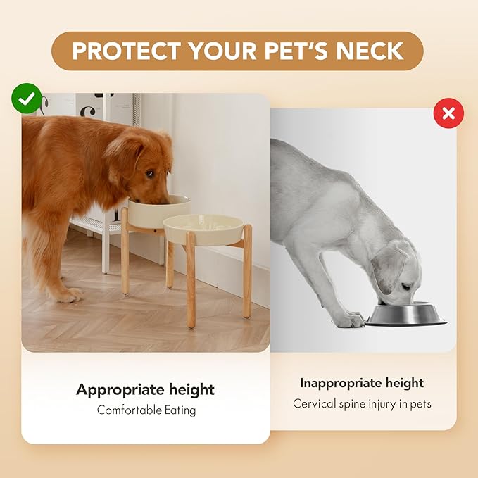 Havniva Ceramic 3.2 Cup Raised Slow Feeder Dog Bowl Set, Elevated 8.2inch Bowl and 9.5inch Slow Pet Food Dish with Wooden Stand for Large Dog (2 xLight Yellow+ Stand)