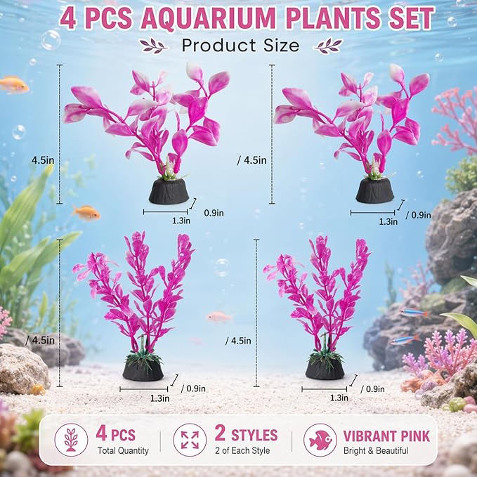 4PCS Pink Fish Tank Decor Set, Silk Plants for Betta Fish Tank, Aquarium Plants Decorations, 4PCS Set for Small Aquariums, Creating Resting Spots and Reducing Fish Stress