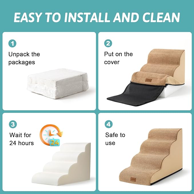 COZY KISS Dog Stairs for Small Dogs, Curved Dog Step for Puppy, Older or Cat, Medium Pet Ramp for Sofa, Couch or Bed, Ladder with High Density Foam, 15.7x28.3x19.7 inch, 4 Step, Light Brown