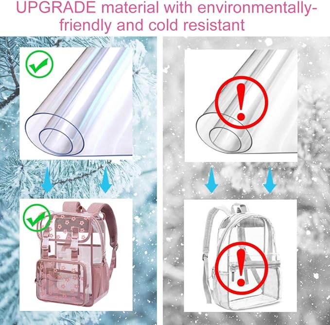 17" Plum Blossom Clear Backpack for Girls - 3Pcs Flip Design Stadium Approved Set, Campus/School Transparent Bookbag (Pink)