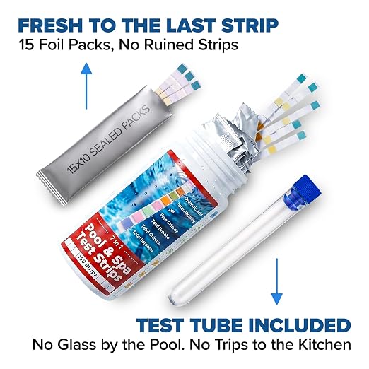 150 Pool Test Strips for Inground Pool // 7-in-1 Pool Water Test Strips | Full Pool Chemical Test Kit: Chlorine, pH Strips & 5 More // Pool Strips Ideal for Above Ground Pool, Hot Tub & Spa