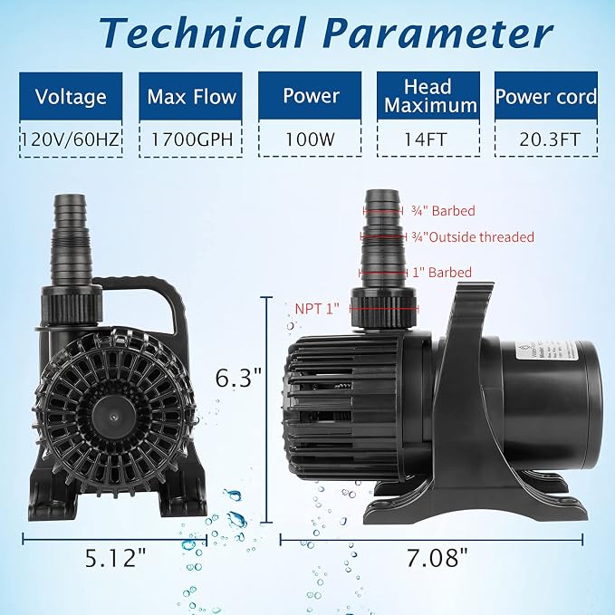 (1700GPH-120W,UL listed) Large Fountain Submersible Water Pond Sump Pump Aquarium Electric Waterfall Pump Outdoor PS-1700 (Pack of 2)