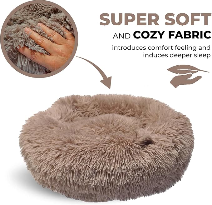 Whiskers & Friends Cat Beds for Indoor Cats, Fluffy Calming Donut Cat Bed, Small Dog Bed Washable - Orthopedic Soft Plush Pet Beds Sized for Kitten to Large Cats & Puppy to Small Dogs - Beige Brown
