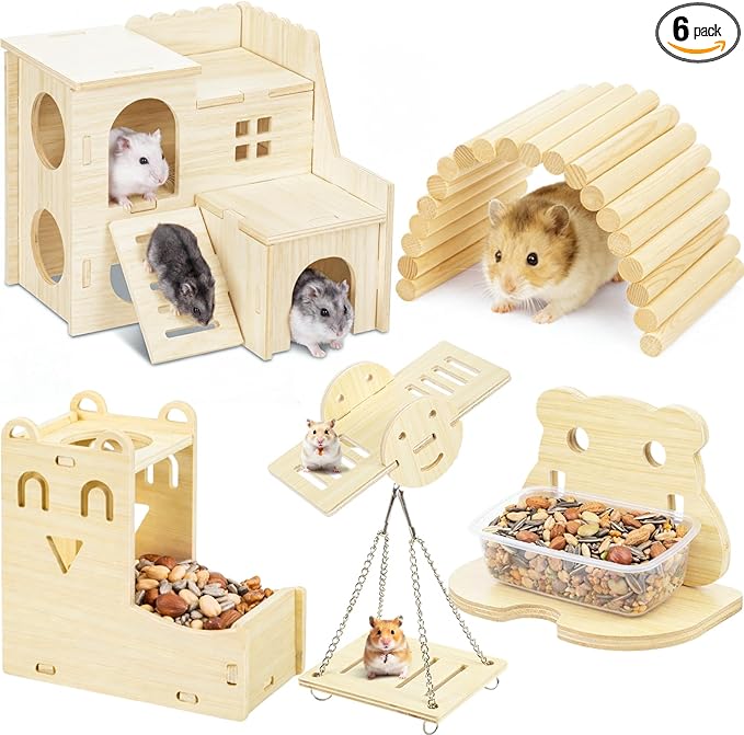 BreezeHug 6 Pcs Hamster Wooden Hideouts Hamster Houses Feeder and Waterer Chinchillas Chew Cage Accessories Activity Enrichment for Rats Gerbils Small Animals Habitat
